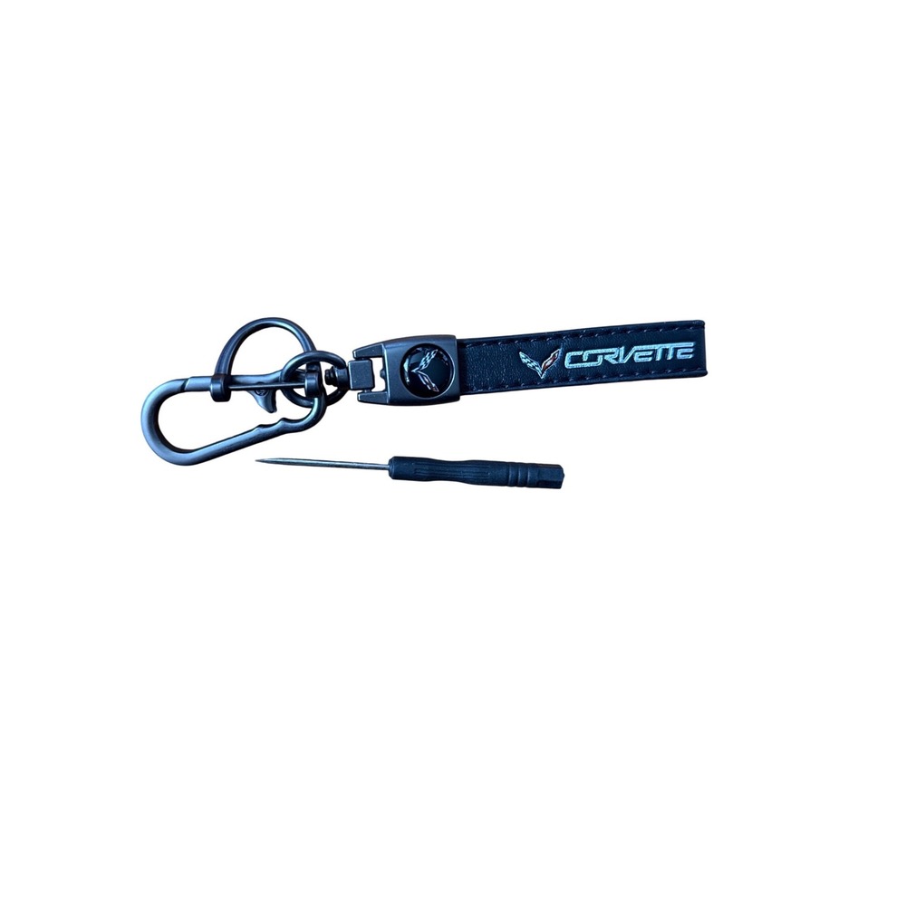 Corvette Black Leather Keychain Silver Logo Carabiner Key Fob Holder with Tool